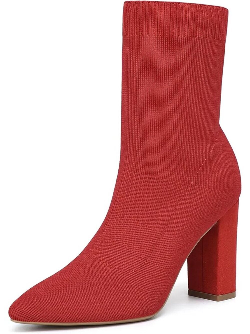 Women's Red Pointed Toe Chunky Heeled Ankle Boots Stretch Knit Sock Slip On
